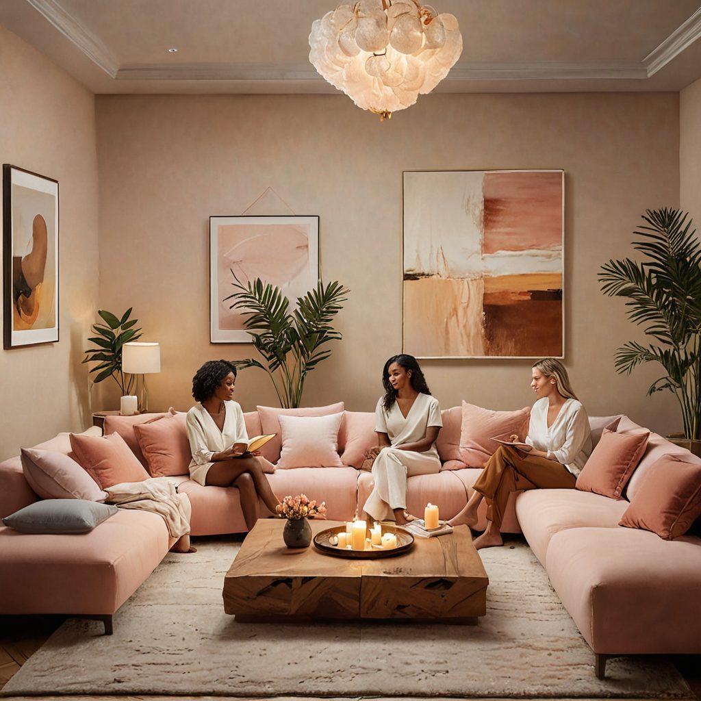 A captivating scene depicting a diverse group of individuals in a cozy, warmly-lit space engaged in open discussions about sensuality and wellness. Include elements such as soft cushions, aromatic candles, and suggestive art on the walls to create an inviting atmosphere. Show expressions of joy and curiosity, highlighting connection and understanding. Incorporate pastel colors and soft textures to emphasize a sense of intimacy and comfort. super-realistic. warm tones. cozy interior.