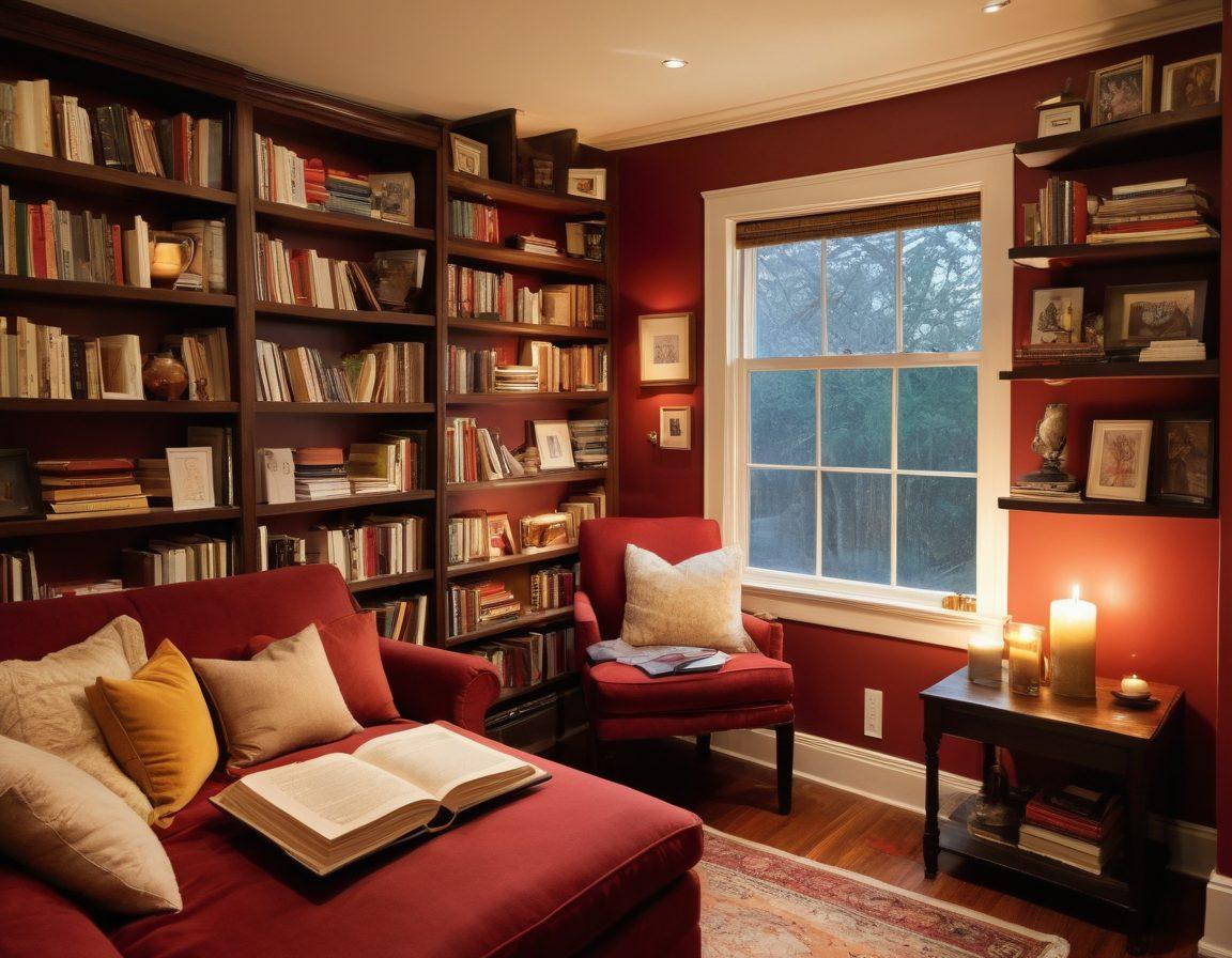 A cozy, warmly-lit room featuring an inviting reading nook, surrounded by books on relationships and adult themes. In the foreground, an open journal filled with handwritten notes and doodles, symbolizing personal stories. Soft touches like candles, a steaming cup of tea, and intimate photographs adorn the space, evoking a sense of comfort and introspection. The color palette should be rich and inviting, with deep reds and soft golds. painting. warm tones.